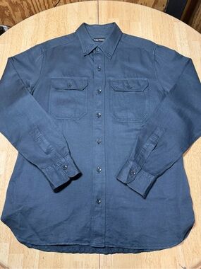 Tom Ford Military Shirt Mens 41 16 Blue Linen Cotton Button Down Luxury Large